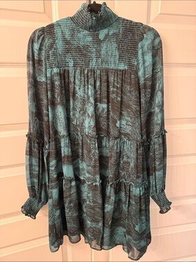 Elan Teal and Black Long-Sleeve Tiered Smocked Dress